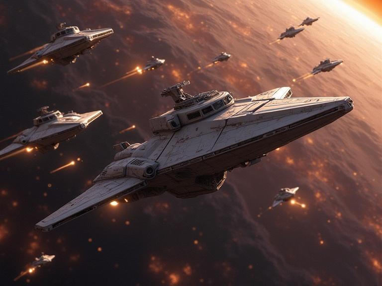 Show hundreds of spaceships engaged in a visually intense conflict scenario. Include various types of ships amidst explosions and firing weapons in the background. Dramatic lighting adds to the excitement.