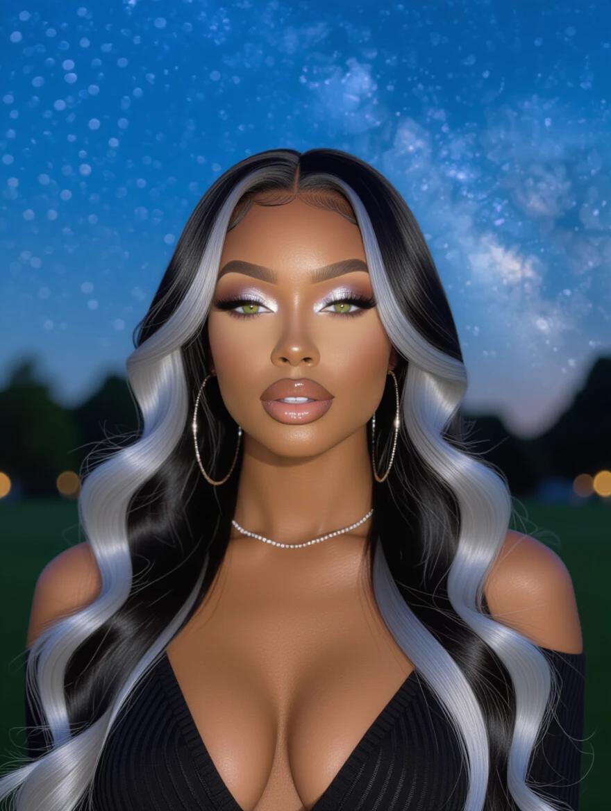 Black woman with long black and silver balayage hair under a starry sky. She has glowing silver eyes and dramatic silver makeup. The setting is a park with ambient lighting. Focus on the hairstyle and makeup. Elegant and stylish presentation.