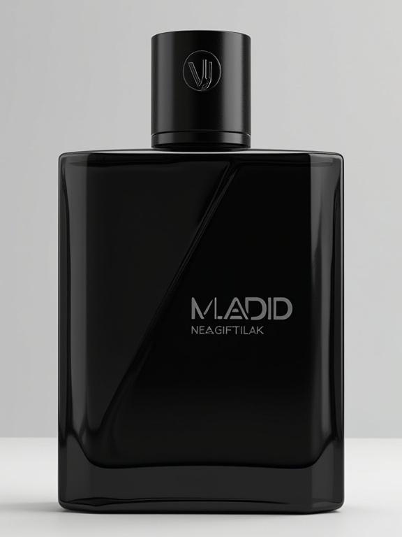 Bottle design for a black fragrance with geometric shapes and silver details. Includes a monogram cap and text. Aimed at young, modern consumers.