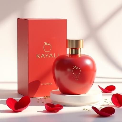 3D render of KAYALI Eden Juicy Apple 01 perfume packaging. Elegant box slightly open showing perfume bottle. Bright white background. Soft natural shadows with warm lighting. Rose petals and golden shimmer around the base for a romantic touch.
