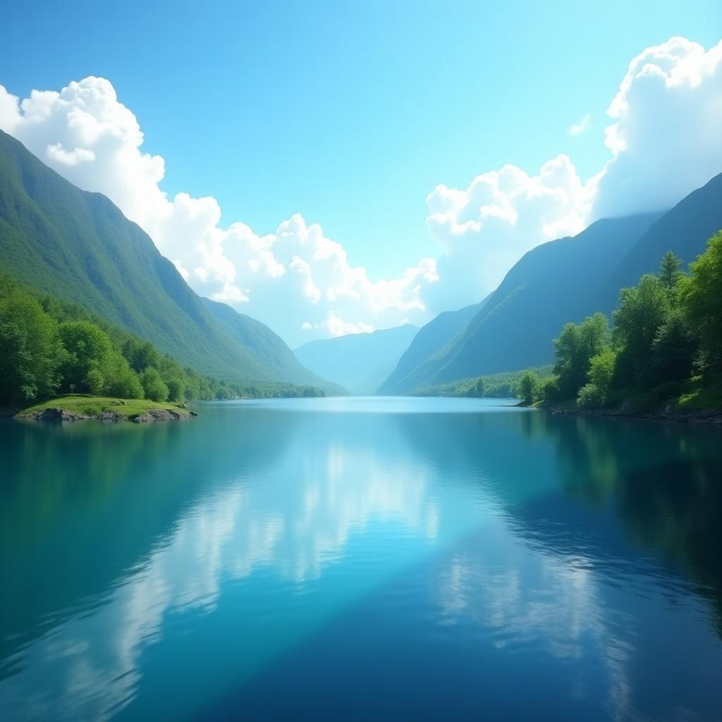 Peaceful landscape with a calm lake surrounded by mountains. Sky is clear blue with fluffy white clouds. Lush greenery along the shores. Reflection of mountains and clouds in the water.