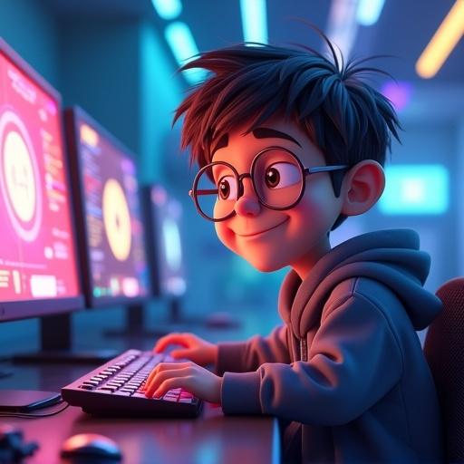 A 10-year-old cartoon-style 3D boy hacker sits at a computer desk. He wears a hoodie and glasses. A curious and mischievous expression brightens his face. Colorful computer screens and glowing tech gadgets surround him. The lighting is playful and bright, creating a futuristic atmosphere. The style is similar to Pixar or DreamWorks.