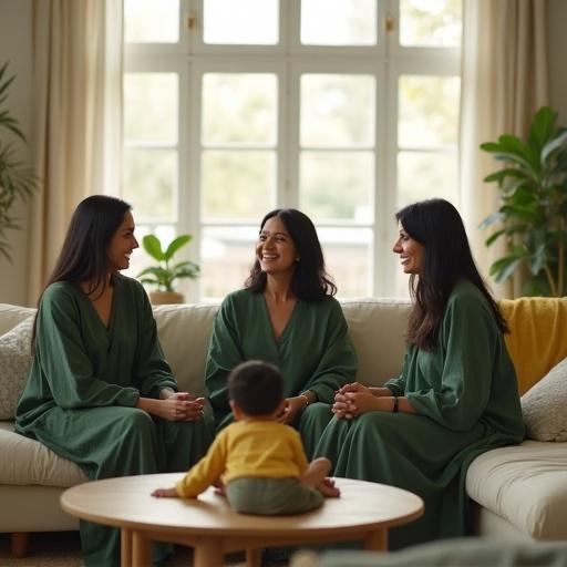 A warm image of modern Indian women conversing on a cozy sofa. The scene is naturally lit with an off-white backdrop. Women wear elegant green outfits. Children play in the background. Warm family atmosphere is highlighted.