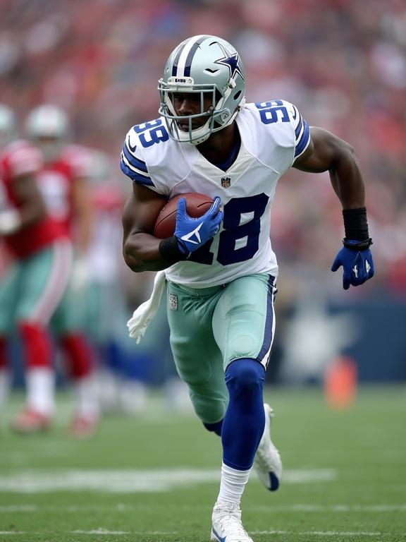 Dallas Cowboys football player wearing team uniform runs with the ball during a game on the field