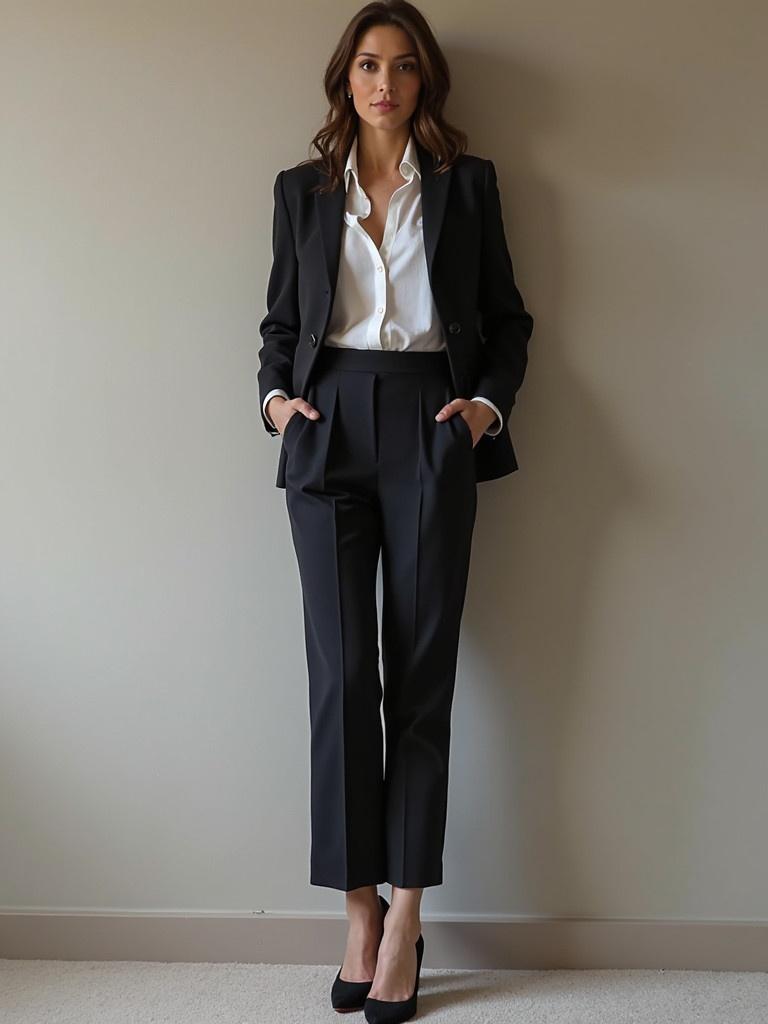 A woman stands in a formal office suit consisting of a black blazer and trousers paired with a white shirt. The woman exhibits a confident pose with hands in pockets against a neutral background.