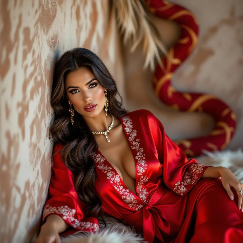 Indoor scene with a reclining woman. She wears a shimmering red silk robe. The robe features intricate patterns. Long dark hair cascades around her shoulders. She gazes intensely at the viewer. Soft lighting enhances the robe's rich tones. Jewelry glimmers around her neck and in her ears. A vibrant red snake is in the background entwined with feathery textures. The mood is one of seductive elegance.