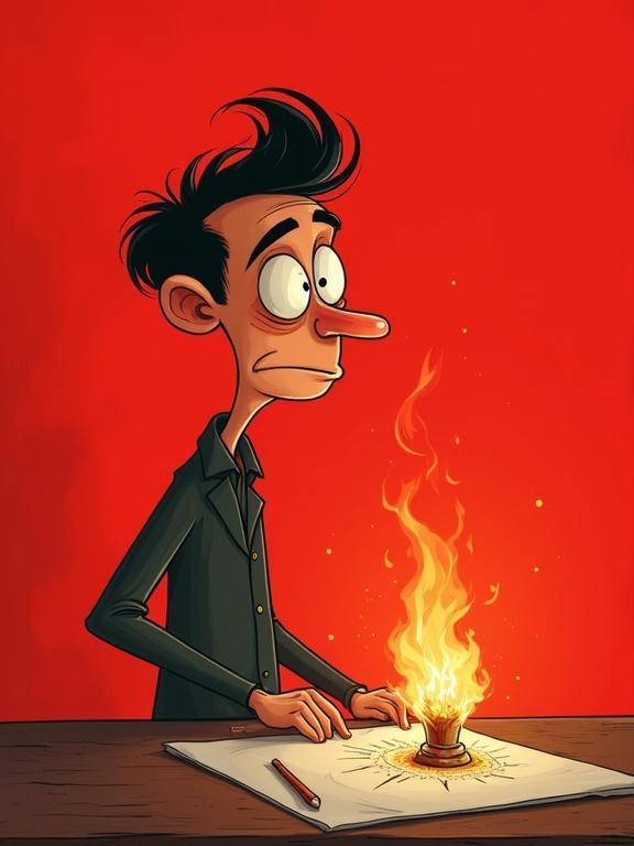 Character looking anxious at a burning graph on a paper with a red background. Cartoon style with humorous elements.