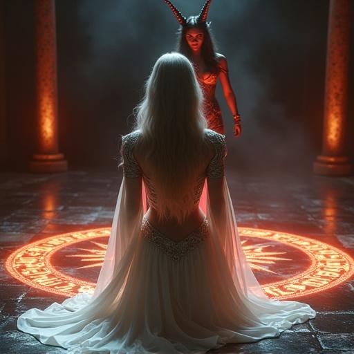 A vast obsidian ritual chamber holds a breathtaking female summoner kneeling. She has flawless porcelain skin glowing under warm magical light. Her serene face shows deep violet eyes, framed by silver hair. Wearing an exquisite white silk robe with silver arcane symbols, she radiates beauty. Behind her, a seductive female demon with smooth crimson skin rises from a glowing summoning circle. The demon has sculpted curves, long flowing black hair, and piercing golden eyes. She wears enchanted black silk and dark metallic armor with glowing sigils. The lighting is cinematic with warm golden and rich crimson glows. The background fades into deep shadow with magical mist and drifting embers.