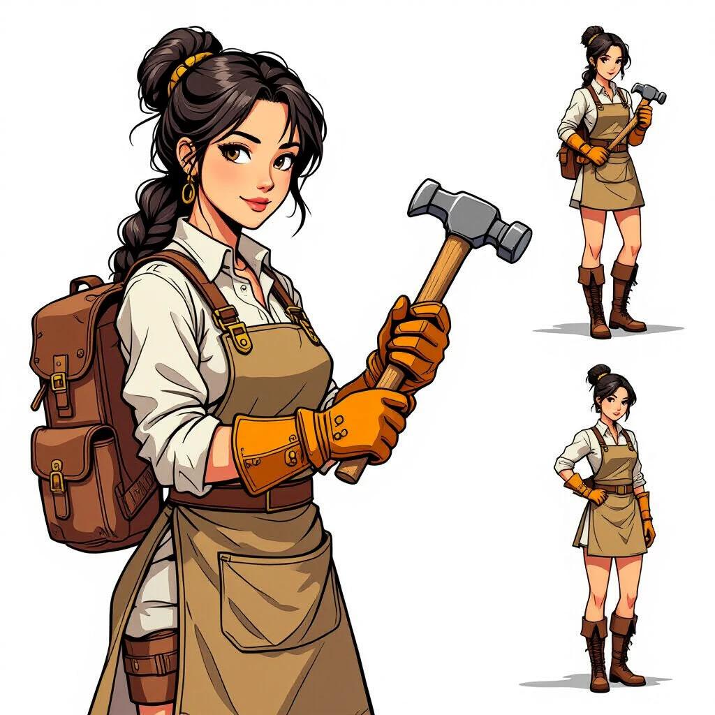 Illustration of a female craftsman from old testament biblical times. She is 30 years old and of Asian descent. Wearing gloves, apron, and boots. Holding a hammer and carrying a backpack. Steampunk style with a blank white background.
