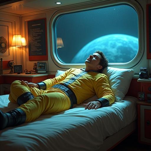 Generate a photorealistic image of a middle-aged man collapsed on a bed in his space cabin. The man wears a form-fitting jumpsuit typical of the late 1970s sci-fi aesthetic. Show a view of a planet through the cabin window. Include elements that reflect retro space-themed technology. Use dramatic lighting and a vibrant color palette reminiscent of classic sci-fi films.