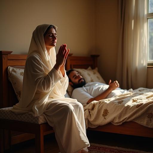Well-lit modest Pakistani bedroom. Woman in traditional shalwar kameez with dupatta prays on edge of bed. Hands raised in dua for blessing of child. Husband lies calmly on bed. Warm natural and artificial light enhances emotional atmosphere. Wooden furniture and embroidered cushions add cultural elements.