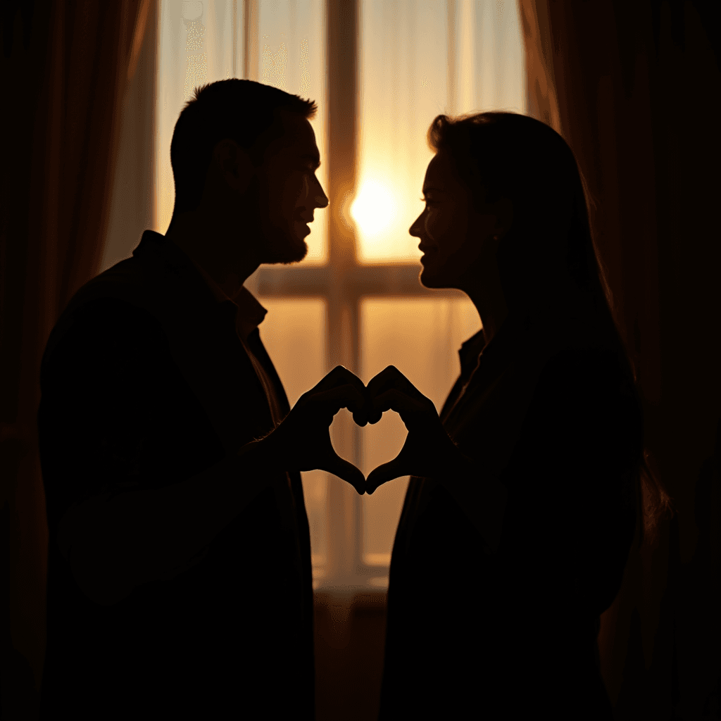 A silhouette of a couple forming a heart shape with their hands in front of a warm, glowing window at sunset.