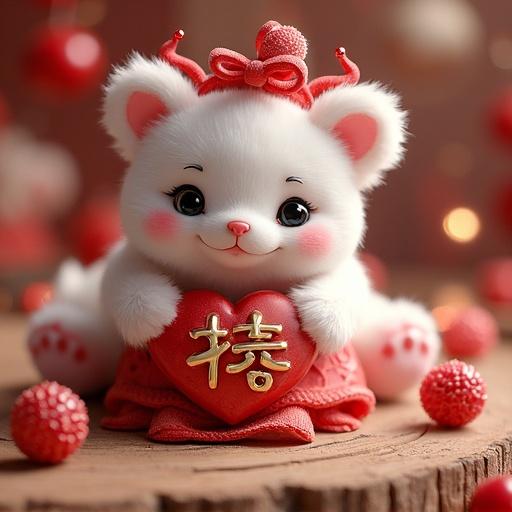 Image features an adorable white cat holding a red heart. Soft textures and warm colors create a cheerful atmosphere. Ideal for gifting and decoration purposes. Captures a playful and affectionate mood.