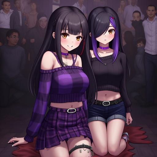 Anime illustration of two young women in a nightclub. One girl has black hair with purple highlights. Both girls wear trendy outfits. They are on their knees, surrounded by a crowd. Mood is party-like and vibrant.