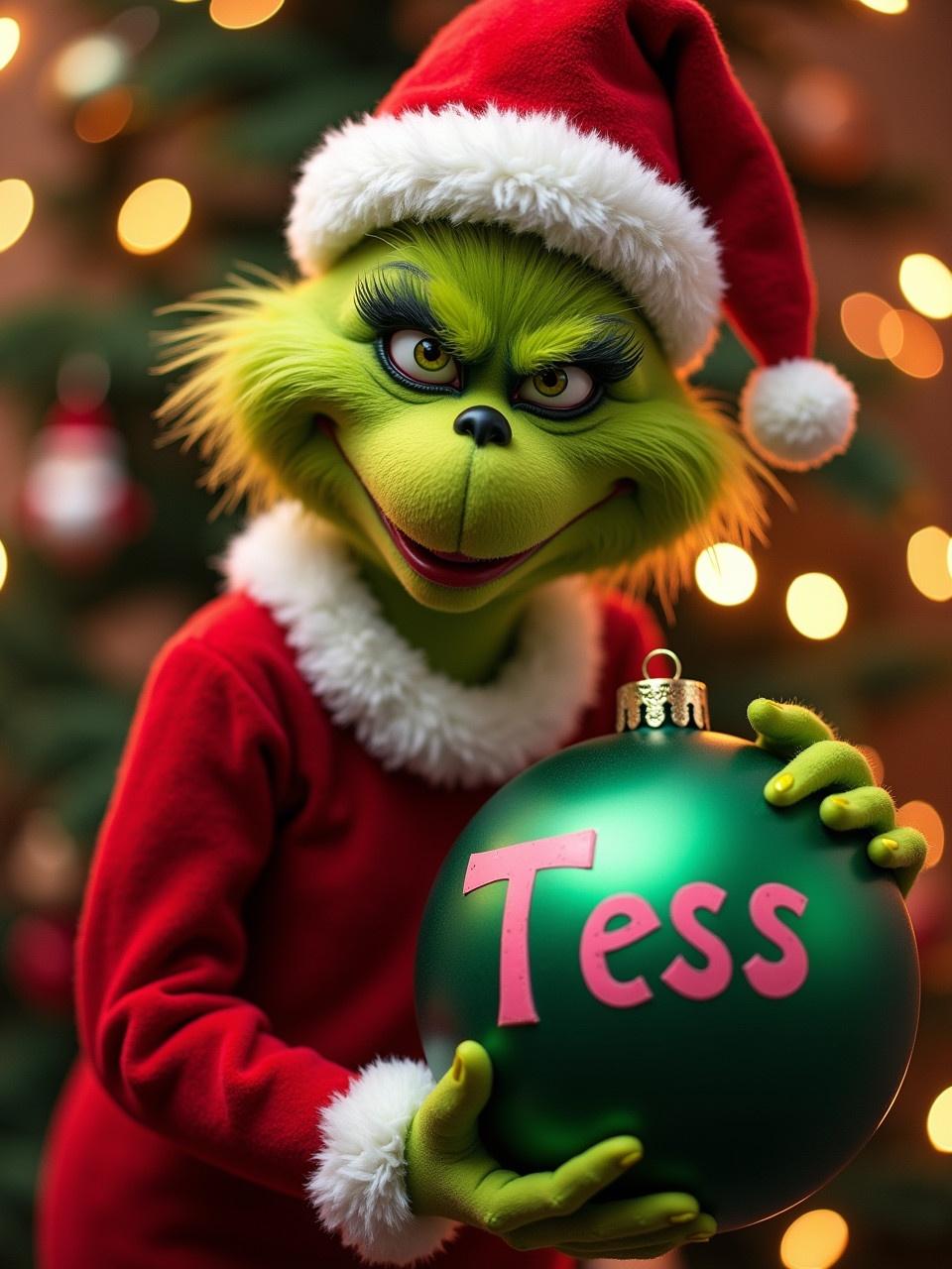 A character resembling The Grinch is dressed in a Santa suit. Grinch holds a green Christmas ball decoration. The decoration has pink writing spelling Tess. The scene is festive with warm lighting and various holiday decorations.