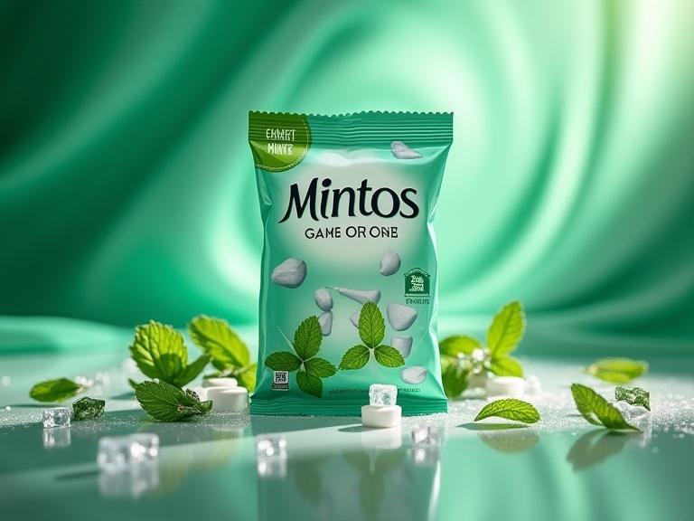 Package of Mintos mints in mint green with silver accents on a vibrant background with leaves and sugar crystals. Displayed elegantly at the center with dramatic lighting.