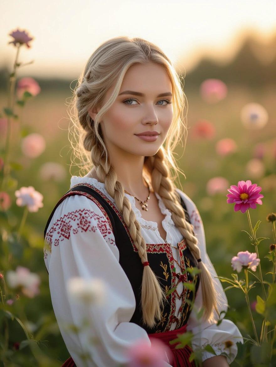A blonde Scandinavian woman stands in a field of blooming flowers. She wears traditional clothing. Soft lighting illuminates her. The scene creates a tranquil atmosphere. Her expression is serene.