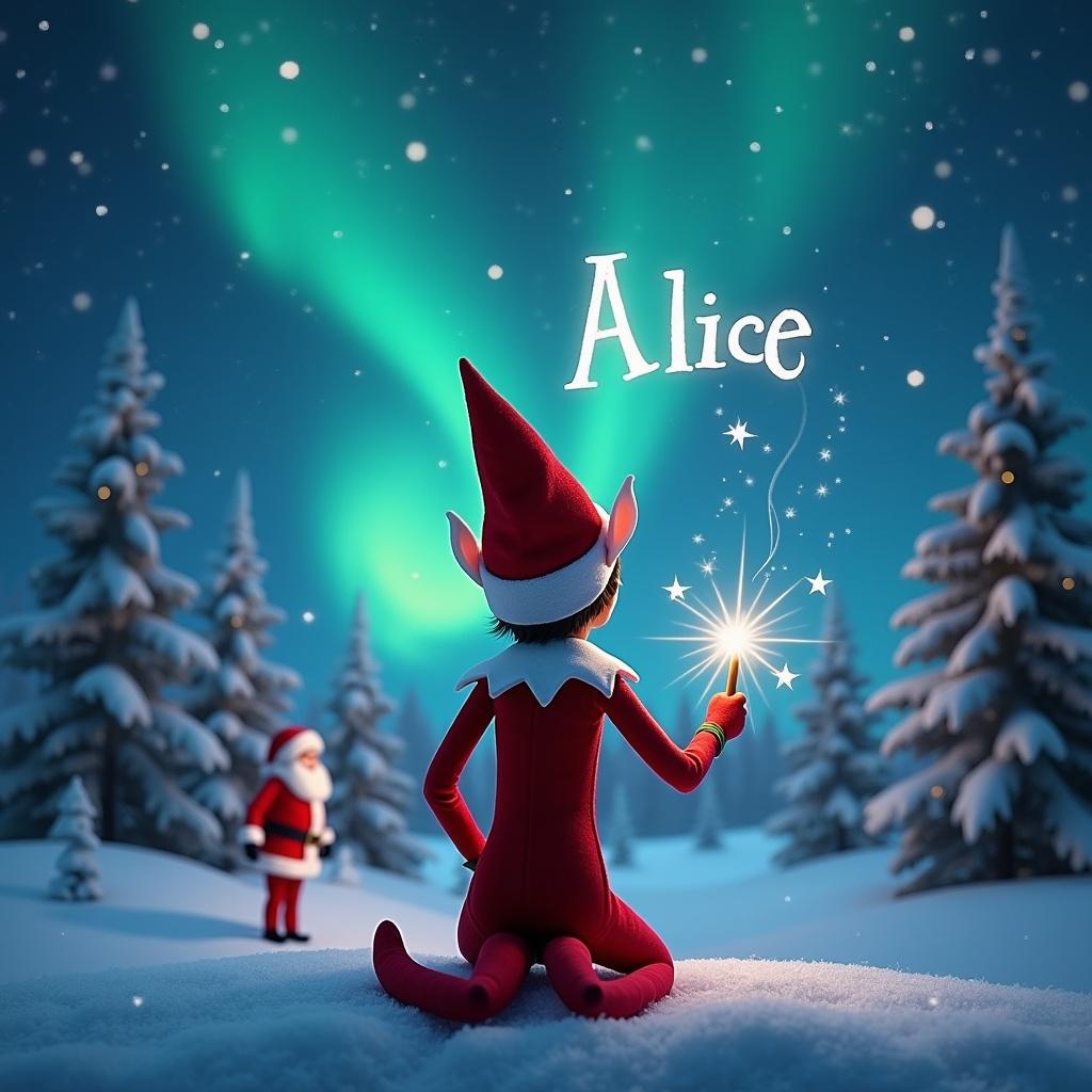 An elf on the shelf is seen with her back towards the viewer, facing a beautiful winter landscape. She holds a magic wand, using it to write the name Alice in the sky. The background features mesmerizing northern lights illuminating the night. In the distance, Santa Claus stands amidst the snow-covered trees. This scene captures the essence of Christmas magic and wonder, inviting viewers into a whimsical holiday world.