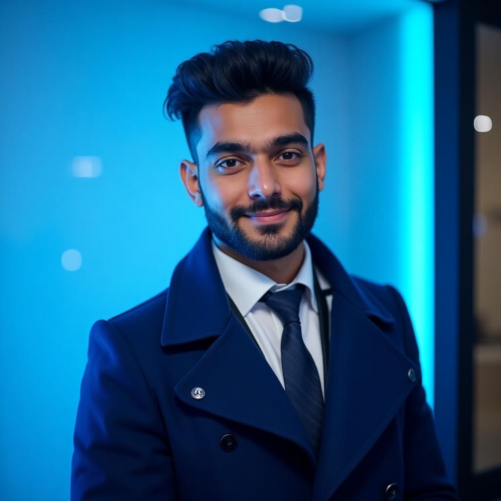 A 20-year-old man poses confidently. He has a simple hairstyle and a short beard. He wears a tie and a blue coat. The background features blue light reminiscent of LinkedIn.