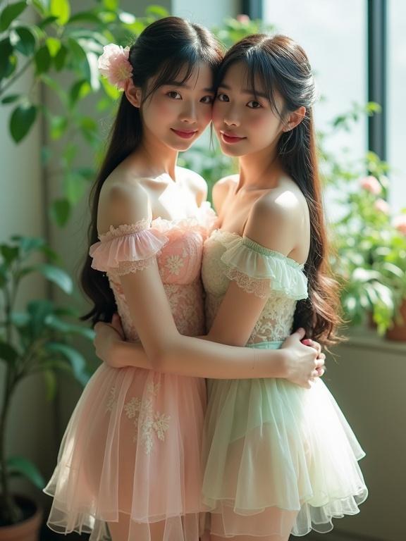 Full body shot features two young ladies in pastel outfits hugging. Outfits are transparent with lace in pink and mint green. The setting is bright with greenery. The girls wear off-the-shoulder dresses and have long hair. Soft natural light highlights their attire. Vintage fairytale theme is present throughout the image.