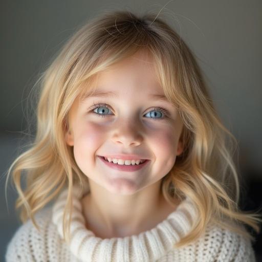 Portrait of a young girl with blonde hair smiling, She wears a soft, cozy sweater, Natural light highlights her blue eyes and friendly expression, The background is softly blurred