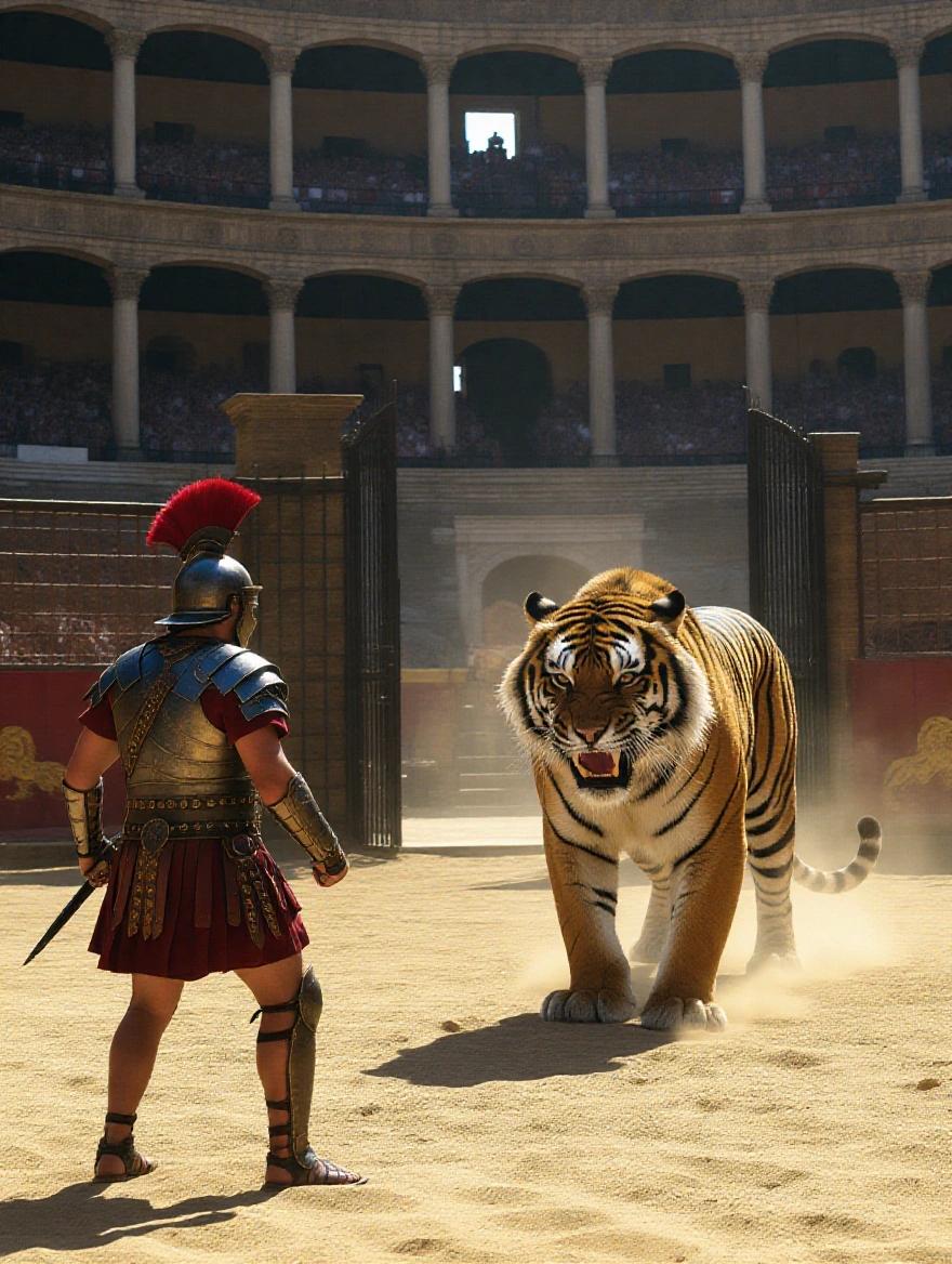 First-person view from a Roman gladiator perspective in a Colosseum. Massive tiger appears from a gate. Intense eye contact. Sand kicked up by powerful claws. Crowd roars. Sunlight casts dramatic shadows. Photorealistic tense atmosphere.