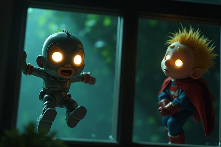 A dramatic scene displays Zumo in a metallic futuristic outfit with glowing eyes falling from a window. His expression shows shock. Sparky peers from the window in a red cape and blue suit with glowing eyes. The background shows a dark garden with shadows. Dark daylight colors create tension in the image.