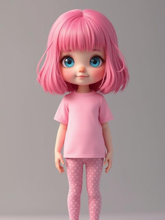 Stylish doll with pink hair and bright blue eyes. Doll has round face, baby-like features, and mid-length pink hair. Wearing a pink t-shirt and patterned tights. Full body visible.