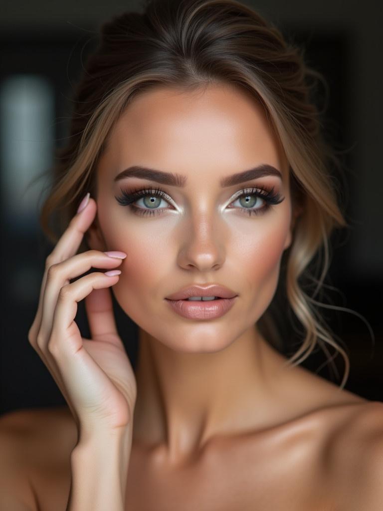 Beautiful woman showcasing gorgeous makeup. Highlight sophistication and glamour of the look.