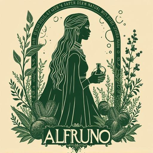 Art depicting an alchemist woman crafting mystical elixirs. She wears a vibrant gown with nature-inspired jewelry. She presents a liqueur bottle amidst floral patterns and wild fruits. The artwork features bold lines and a monochrome palette of forest-green against a beige background. Includes the phrases 'Genuss aus dem Garten der Natur - wild und besonders' and 'ALFRUNO'. Emphasizes fantasy and connection to nature.