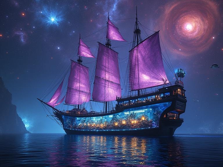 A colossal glass-hulled galleon sailing through a breathtaking galaxy. The two-story aquarium hull glows with neon reefs, metallic fish, and drifting jellyfish. The sails refract hues of violet, silver, and neon. The deck is filled with glowing vines and lanterns. The scene is eerily still. The galaxy is hyper-detailed with nebulas and glowing celestial bodies. Surreal lighting highlights the ship's bioluminescence.