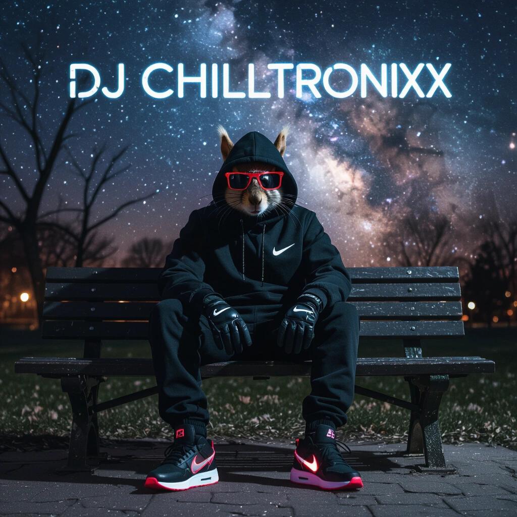 Artistic album cover featuring DJ Chilltronixx under a dark nebula sky. Stylish figure in all black clothing sits on a park bench. Bright stars illuminate the scene. Neon text creates a modern aesthetic. Bench in a park setting.
