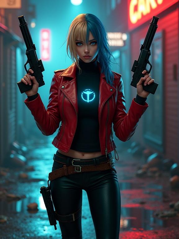 Hyper-realistic digital artwork of a female mercenary in a dystopian urban alley at night. She has split-colored hair; blonde on the left and electric blue on the right. She wears a shiny red leather jacket with a black turtleneck that has a glowing cyan symbol. Black leather pants with a studded brown leather belt and thigh holsters with pistols. Holds two tactical rifles with visible fingers, showing realistic anatomy. Background features wet pavement reflecting neon signs and scattered debris. The atmosphere is dark, moody, and tense.