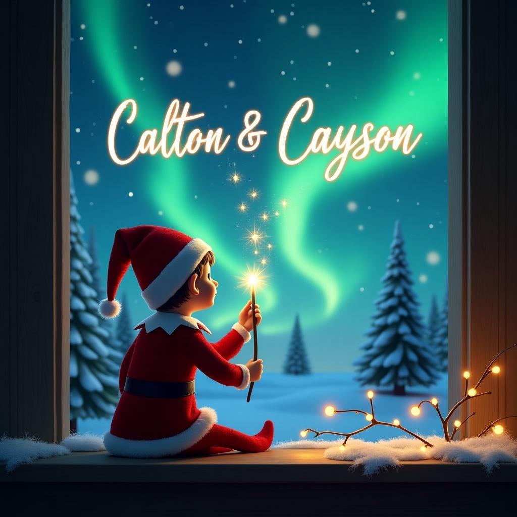 Elf figure with back to the image facing the sky. Wand in hand, writing names in the sky. Magical Christmas scene with northern lights. Window view from a cozy interior. Names 'Calton & Cayson' elegantly written in the sky.