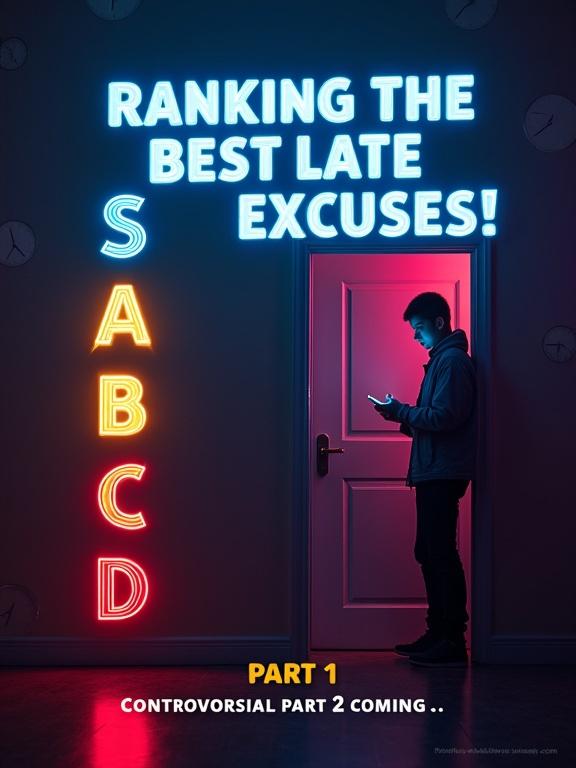 Split-screen showing a tier list and a panicked person. Left has glowing rankings in neon colors. Right shows a person at a locked door with a dead battery phone. Bold text reads 'RANKING THE BEST LATE EXCUSES'. Bottom corner has 'PART 1' and teaser for future content. Background has gradient with clocks. Vibrant and dramatic style.