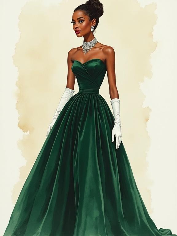 Hyperrealistic full body image showcasing a black African woman in a retro 50s ball gown. Depicts a large diamond necklace and satin gloves. The gown is dark forest green velvet with a gathered skirt.