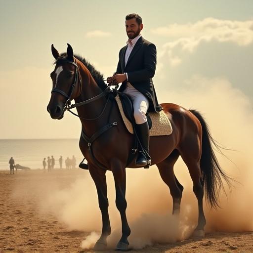 Portrait of a man dressed formally riding a horse on a beach. Dust surrounds the horse as it moves. The scene captures an equestrian moment near the ocean.
