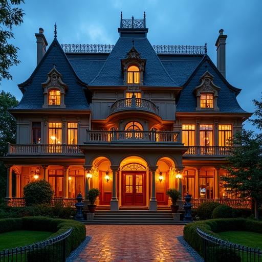 Image of an enchanted grand hotel resembling a mansion. Architectural details are prominent. Warm lighting creates an enchanting evening atmosphere. The grand hotel showcases detailed architecture with a warm inviting light.