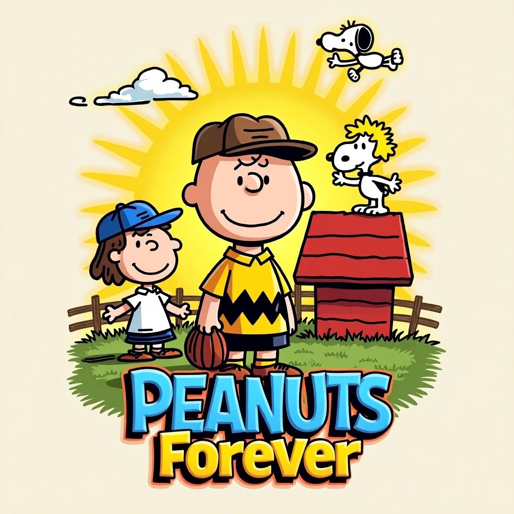 Design a T-shirt featuring Peanuts characters in a vibrant scene. Centered on Charlie Brown holding his glove and Snoopy on his doghouse with Woodstock flying. Characters in semi-realistic 3D style with glowing outlines. Background includes sunny elements and a baseball field. Color palette bright and cheerful. Text at the bottom reads 'Peanuts Forever' in playful, 3D bubble font.