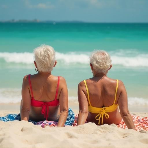 Two elderly women enjoy a beach day. One wears a red bikini; the other wears a yellow bikini. They relax on colorful towels. Background features ocean and blue sky.