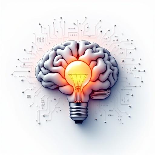 Abstract AI brain chip fused with lightbulb representing creativity and technology. Sleek modern look with glowing edges and soft 3D lighting. White background suitable for profile image.