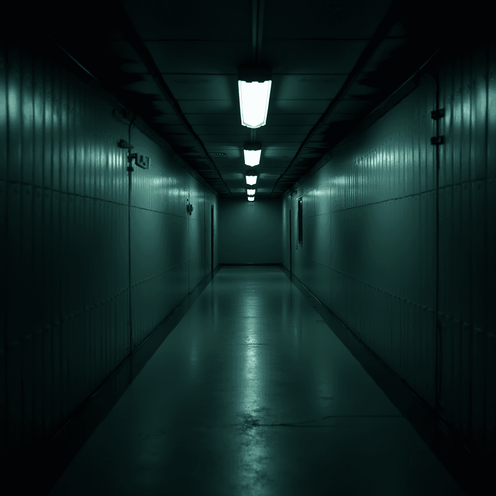 A dimly lit, industrial hallway with metal walls and flickering ceiling lights casting eerie shadows.