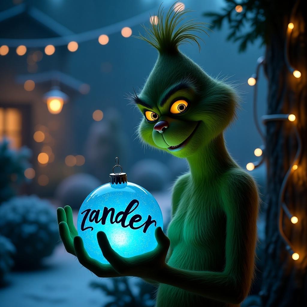 Scene shows a serene night garden. The Grinch holds a glowing blue Christmas bauble with the name Zander in elegant script. Twinkling Christmas lights create a magical ambiance.