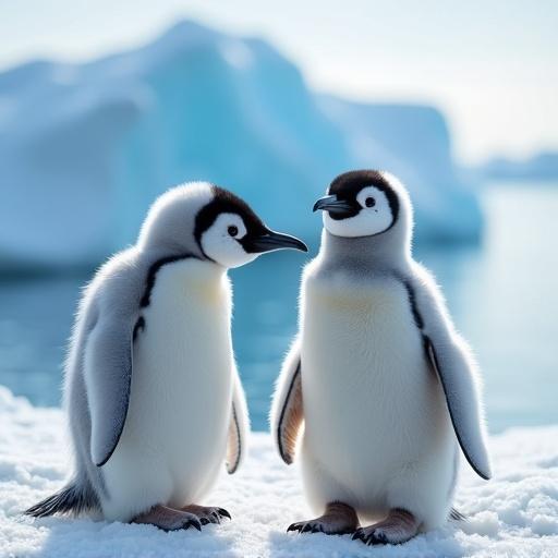 Photo of small cute baby penguins in Antarctica. Two penguins standing on snow with a soft focus background of icebergs.