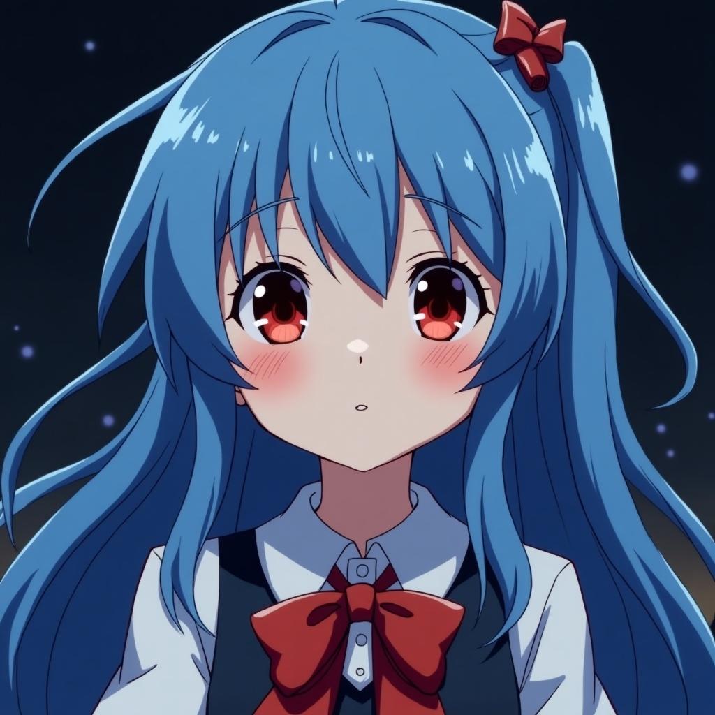 Child female Anime character with night blue hair and red eyes. The character has a cute expression. The background is dark with sparkles.