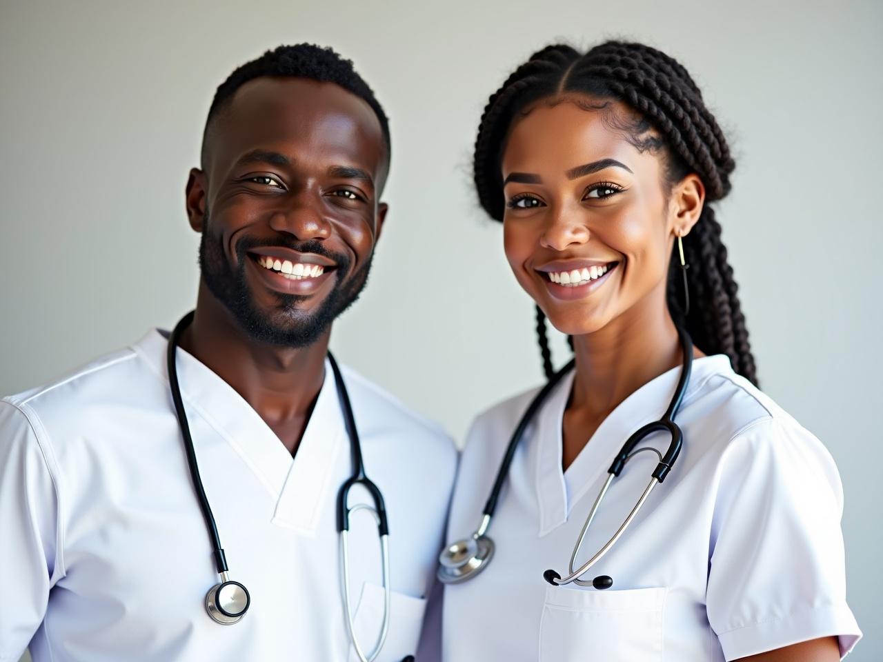 The image features two medical professionals standing side by side, both wearing matching white scrubs. The man is smiling and has a stethoscope draped around his neck. He has short, African hair. The woman also wears a stethoscope and has African braids. She is smiling warmly, and together they present a friendly and professional appearance. Their expressions convey confidence and approachability, making them seem ready to assist patients.