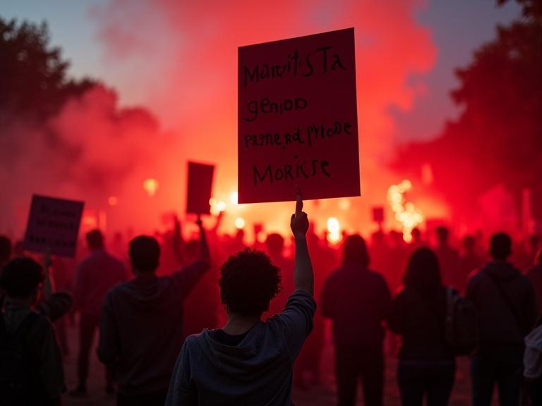 Generic protester holds a symbolic sign with iridescent text. Red side lighting creates an impactful scene. Background features a stylized crowd in black and yellow shadows. Atmosphere suggests protest without explicit violence.