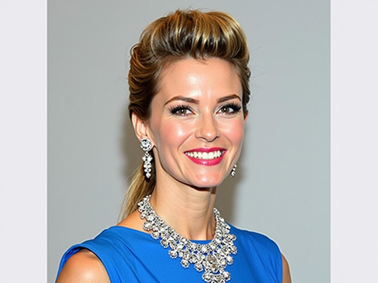 The image shows a woman with a bright blue dress and sparkling jewelry. She has a smiling expression and elegant features. The hairstyle is stylish but looks unrealistic; it needs slight adjustments to appear more natural while maintaining the same overall style. The background is neutral, enhancing the focus on her attire and facial features.