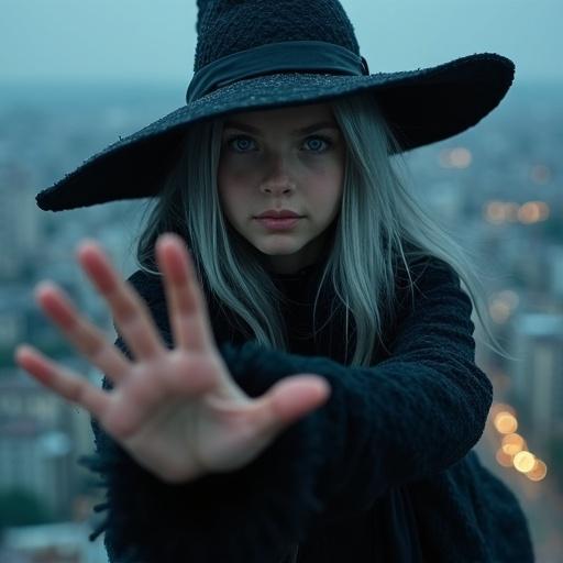 A witch with long silver hair floats above a city at night. The witch wears a wide-brimmed black hat and a dark robe. The robe billows as if in wind. Her right hand is extended forward, palm up. The cityscape is sprawling and illuminated.