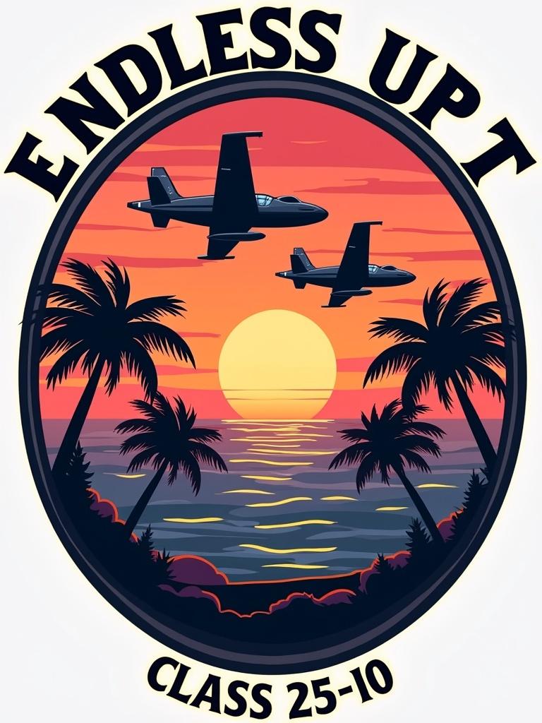 Pilot training patch design with an Endless Summer theme. Background features a vibrant sunset gradient in orange, pink, and purple. Two T-6 Texan II or T-38 Talon aircraft are in black silhouette flying above the ocean. The top text reads 'ENDLESS UPT' in a bold retro font. The bottom text shows 'CLASS 25-10' in a clean typeface. Palm trees and other flight gear subtly incorporated.